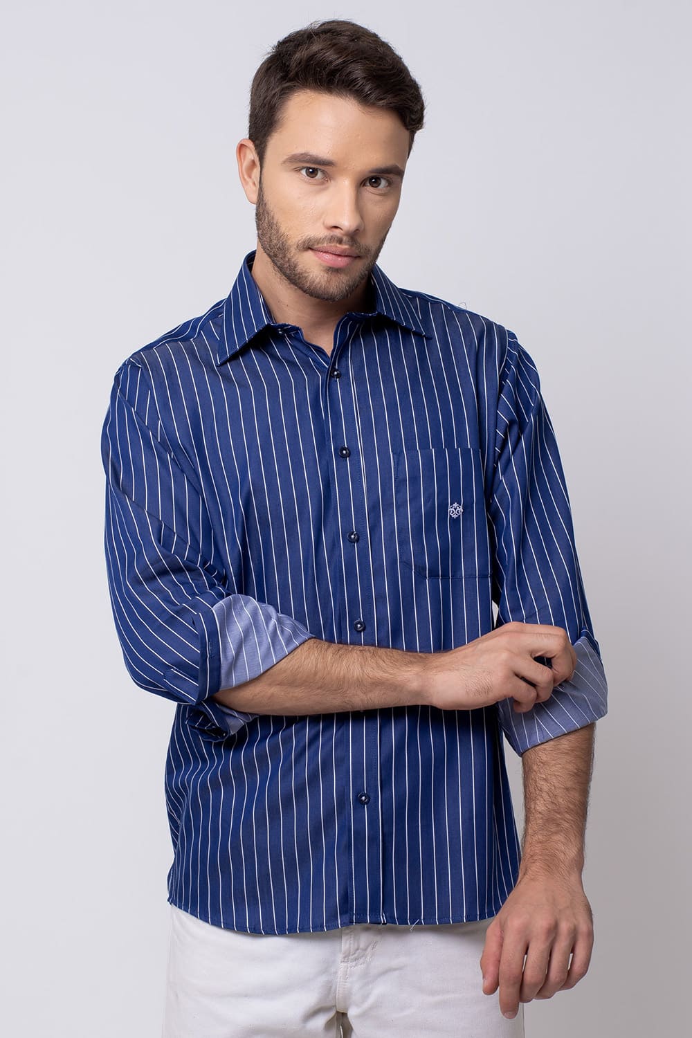 Camisa Listrada Algodão Fio 80 ML Azul Escuro