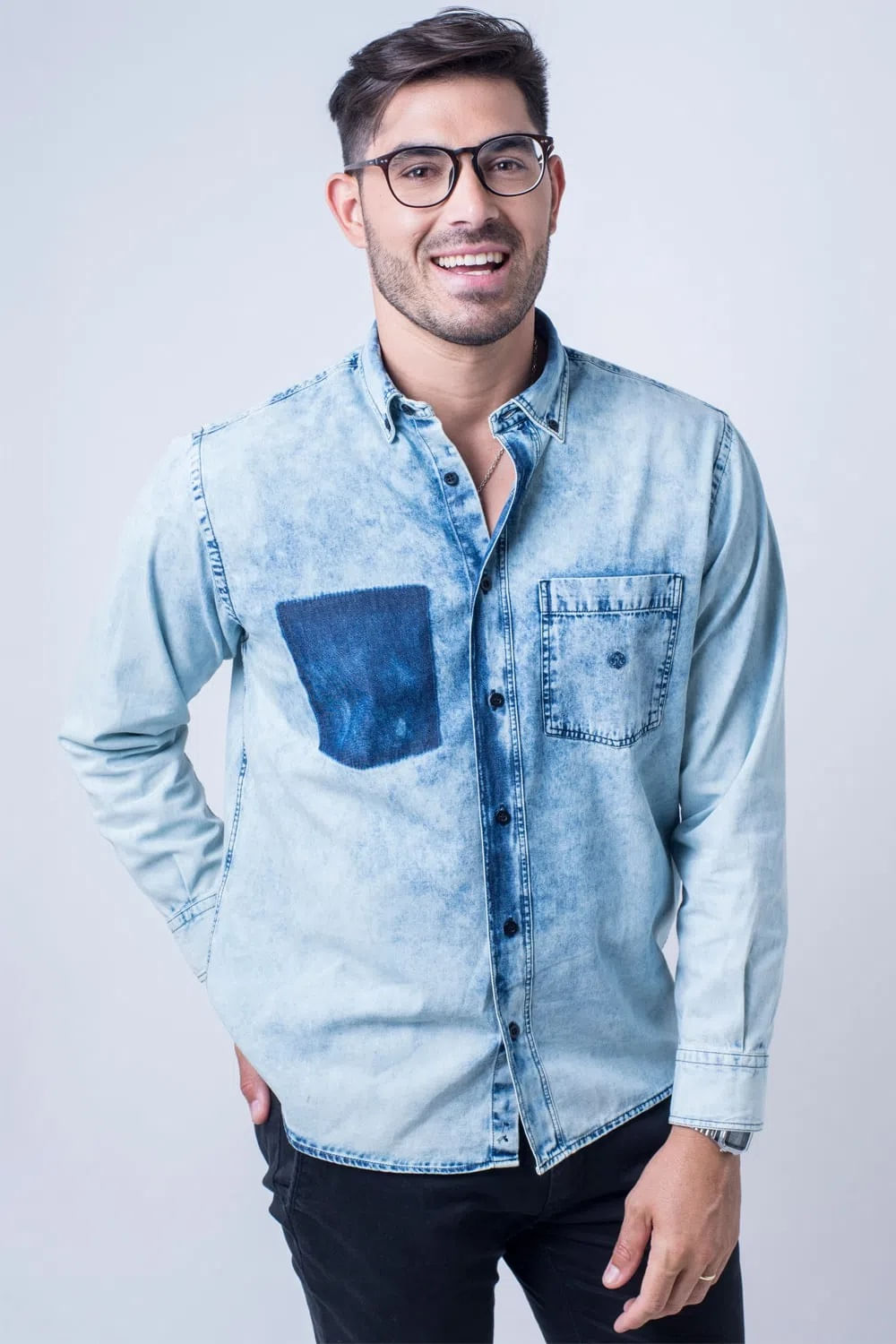 Camisa Jeans ML Azul Escuro