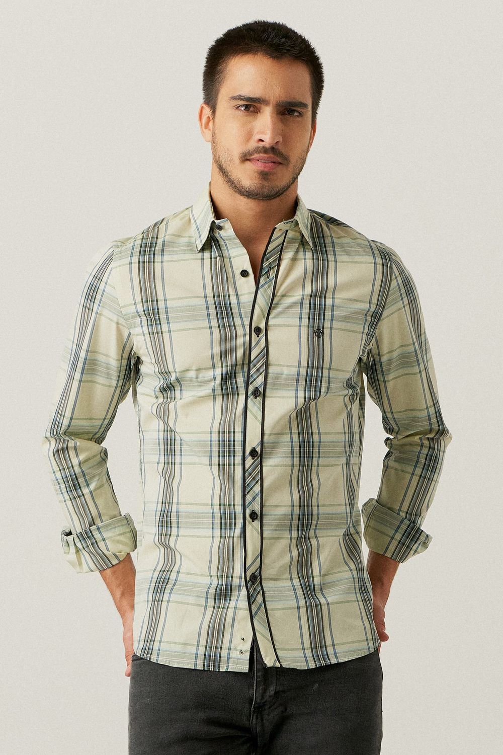 Camisa Slim Xadrez Algodão ML Creme