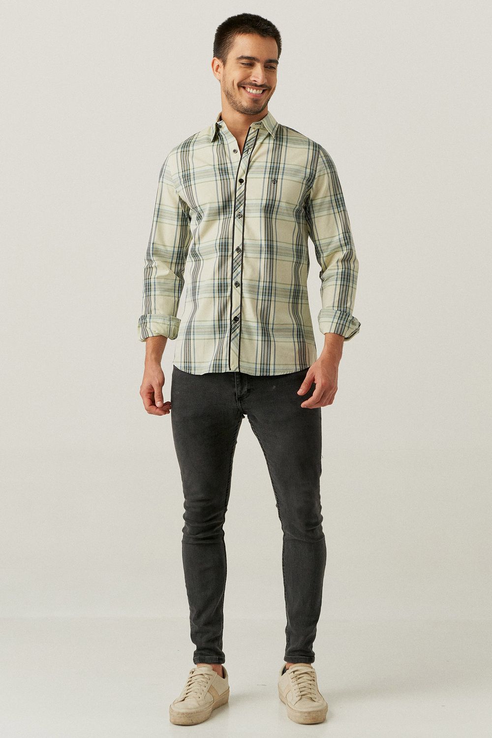 Camisa Slim Xadrez Algodão ML Creme