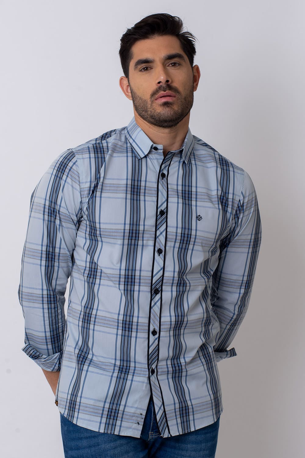 Camisa Slim Xadrez Algodão ML Azul Médio