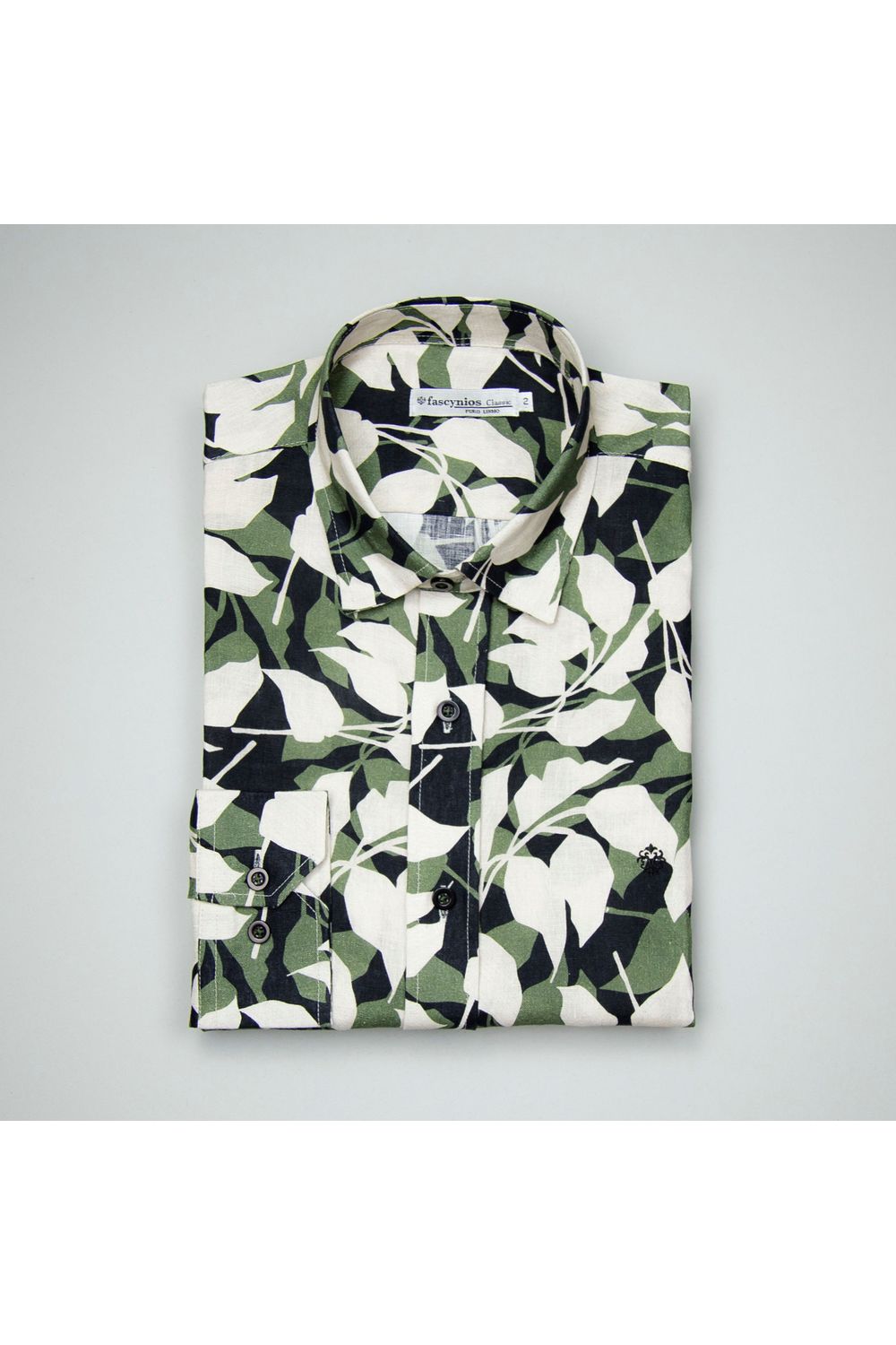 Camisa Estampada Puro Linho ML Verde Escuro