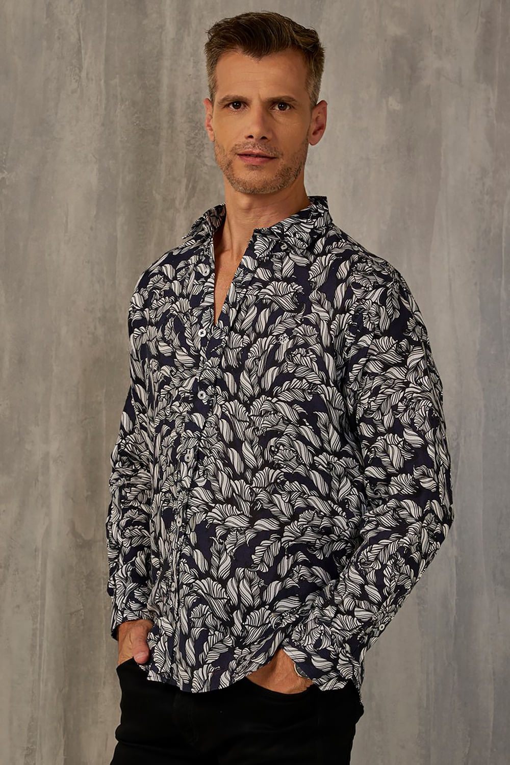 Camisa Estampada Puro Linho ML Azul Escuro