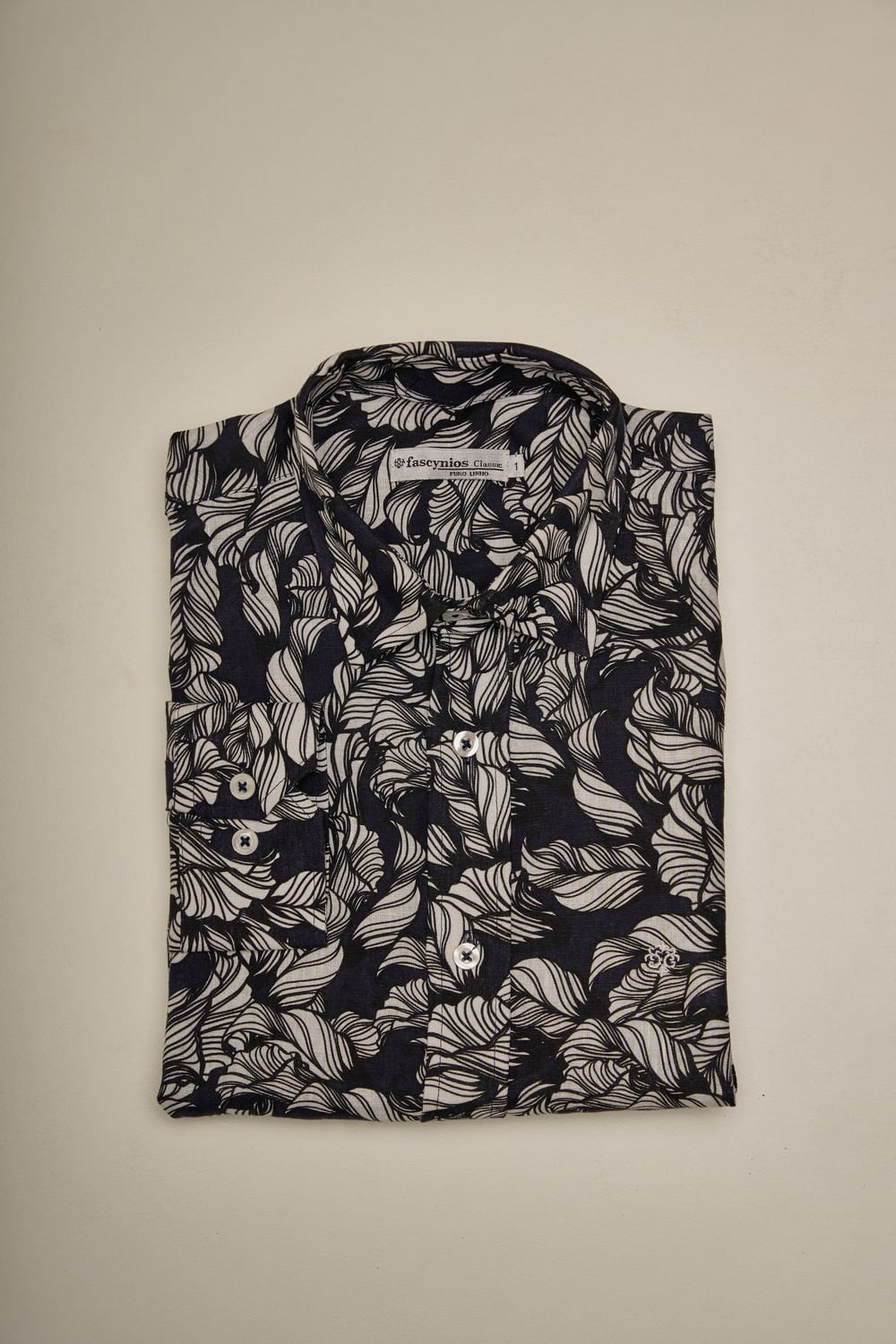 Camisa Estampada Puro Linho ML Azul Escuro