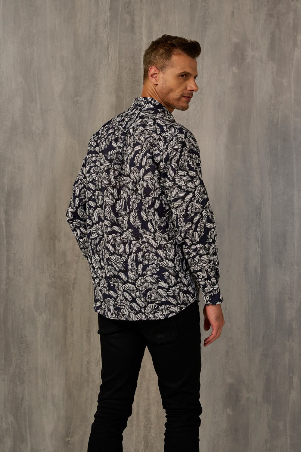Camisa Estampada Puro Linho ML Azul Escuro
