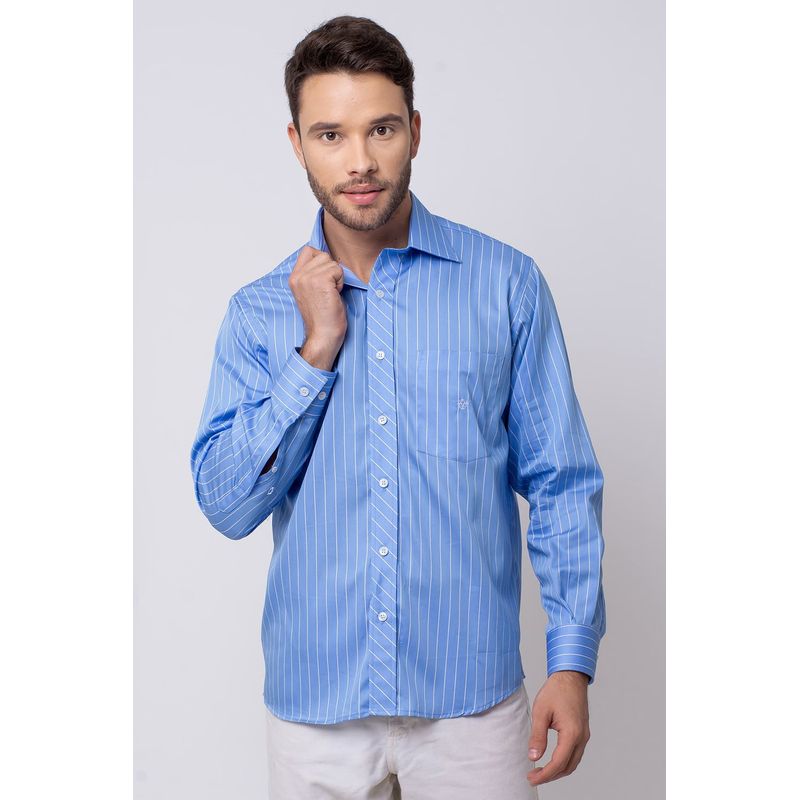 Camisa Listrada Algodão Fio 80 ML Azul Claro