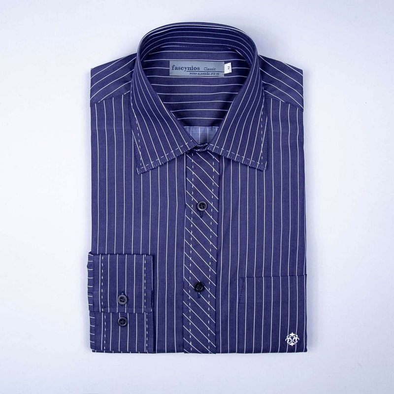 Camisa Listrada Algodão Fio 80 ML Azul Escuro