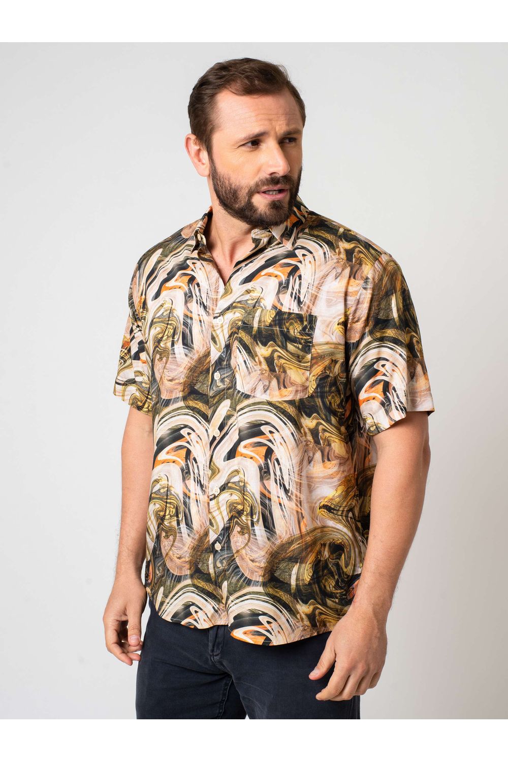 Camisa Estampa Digital em Viscose MC Azul Escuro