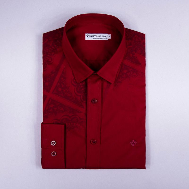 Camisa Slim Estampa Localizada Algodão ML Bordo