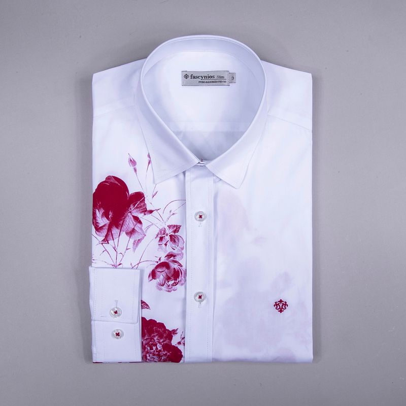 Camisa Slim Estampa Localizada Algodão ML Branco