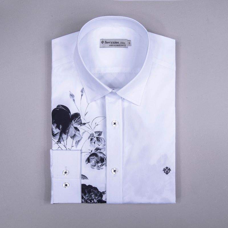 Camisa Slim Estampa Localizada Algodão ML Branco