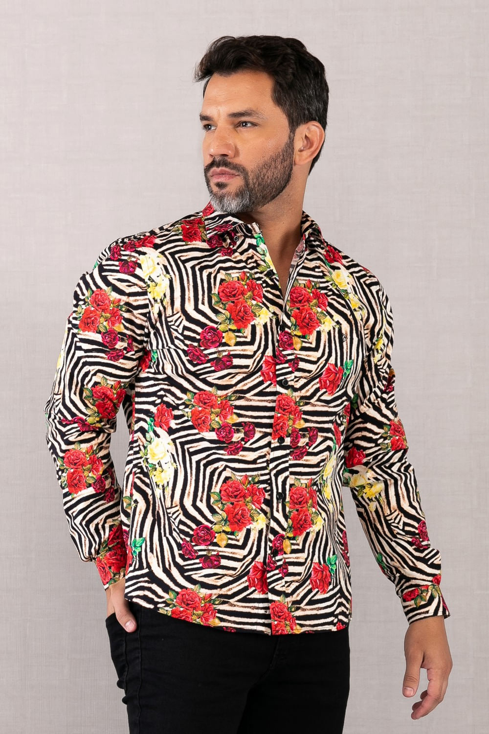 Camisa Slim Estampada Algodão com Elastano ML Vermelho