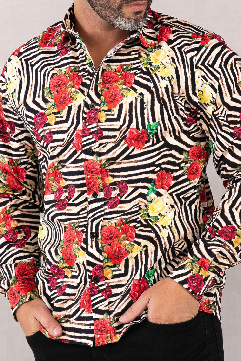 Camisa Slim Estampada Algodão com Elastano ML Vermelho