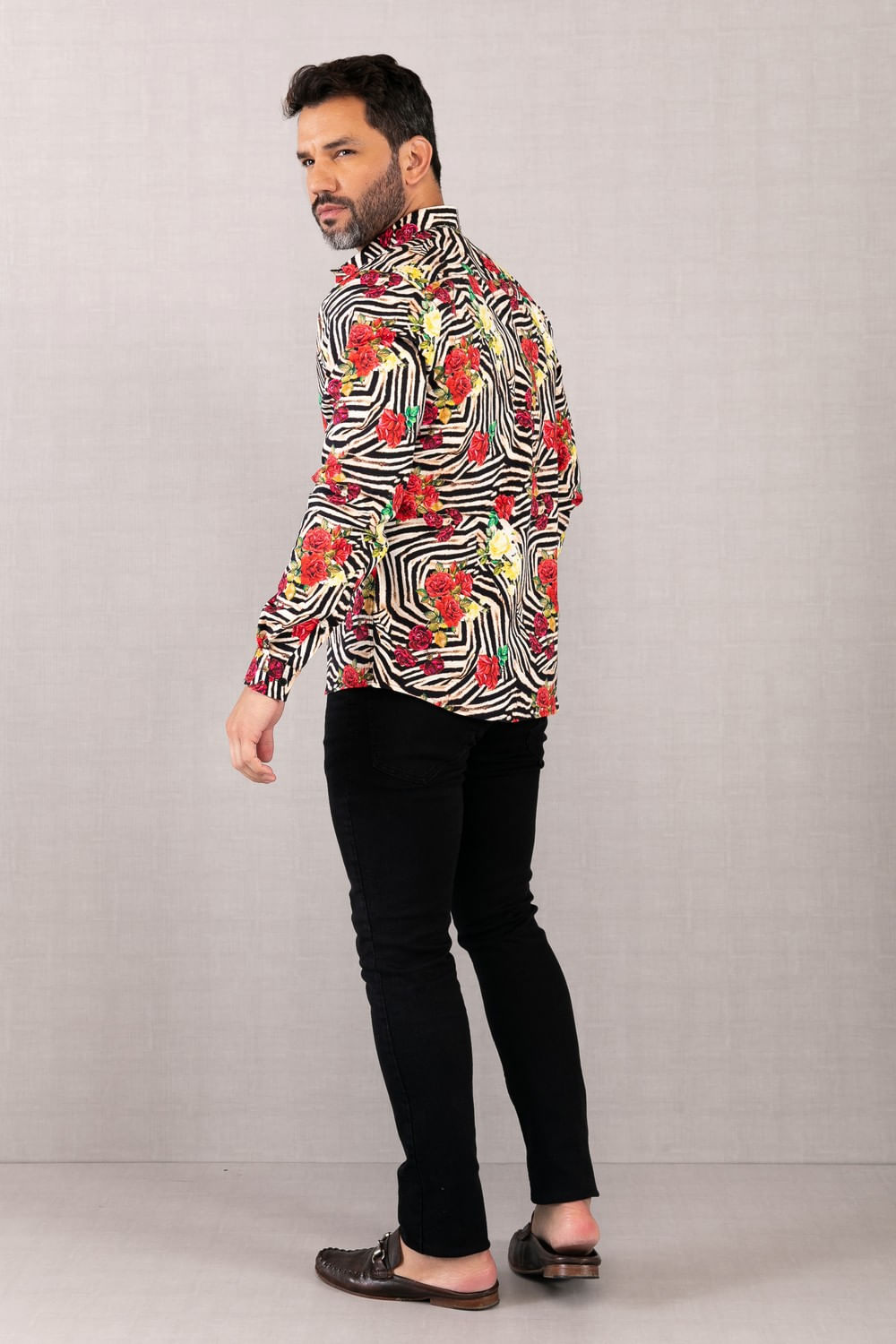 Camisa Slim Estampada Algodão com Elastano ML Vermelho