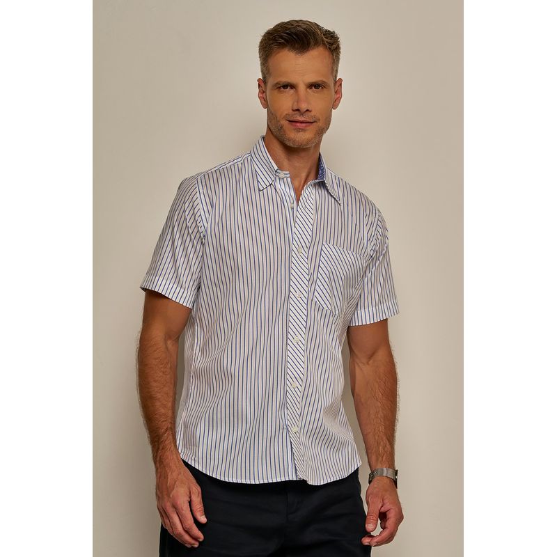 Camisa Slim Comfort Listrada Algodão MC Azul