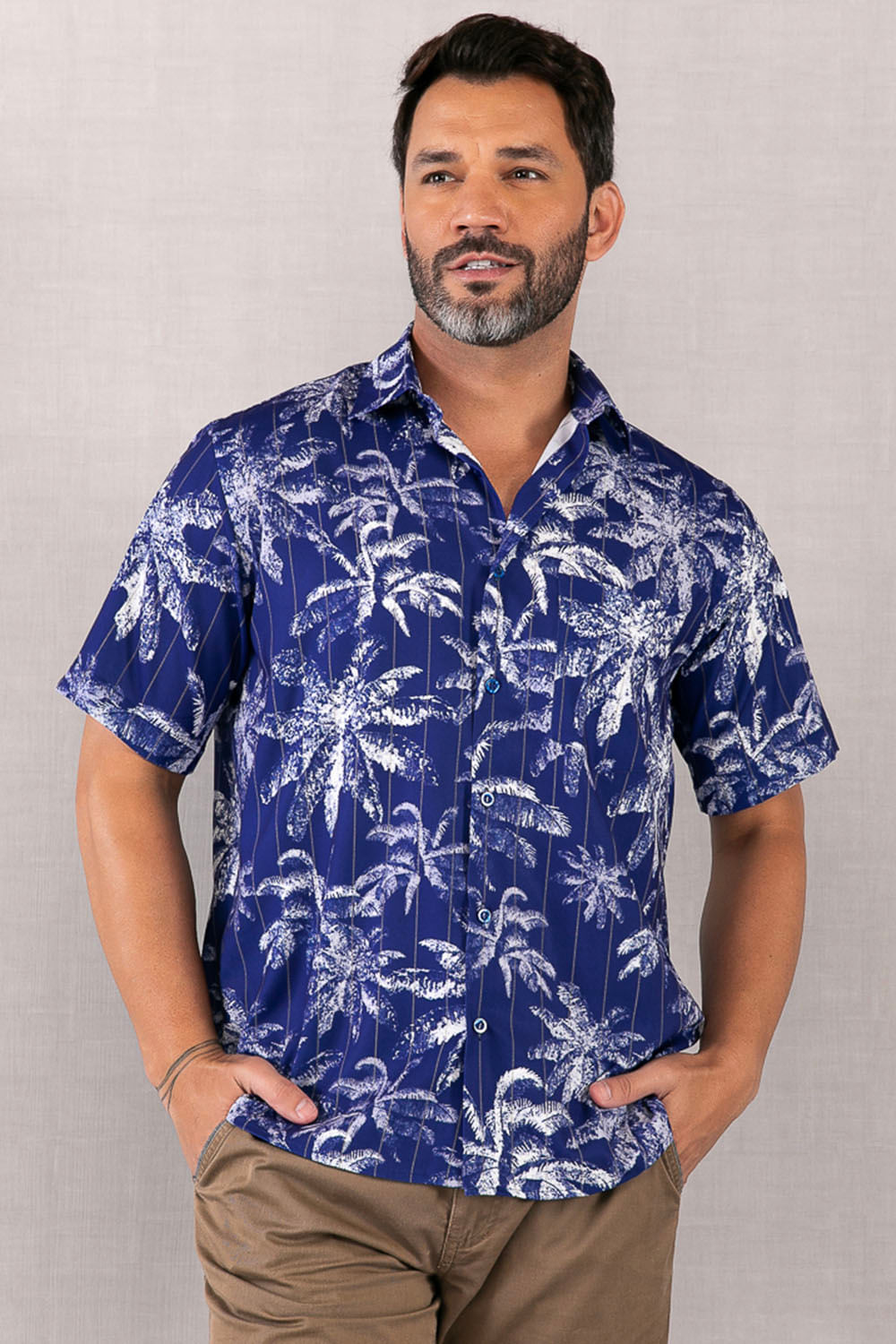 Camisa Microfibra Estampada MC Azul Escuro