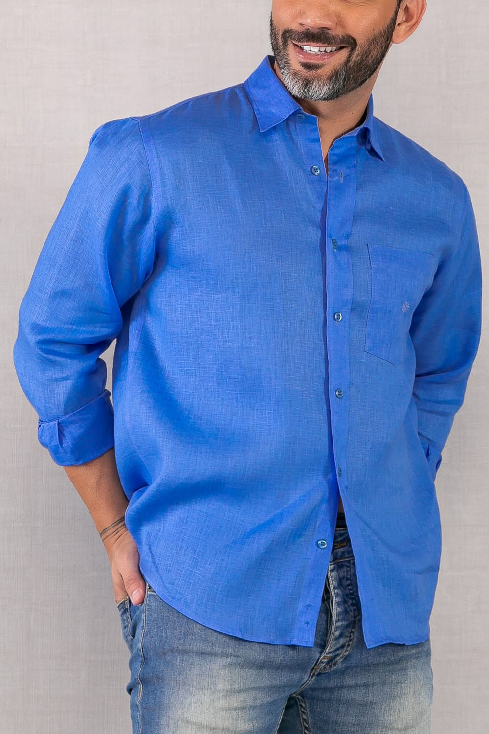 Camisa em Puro Linho ML Azul