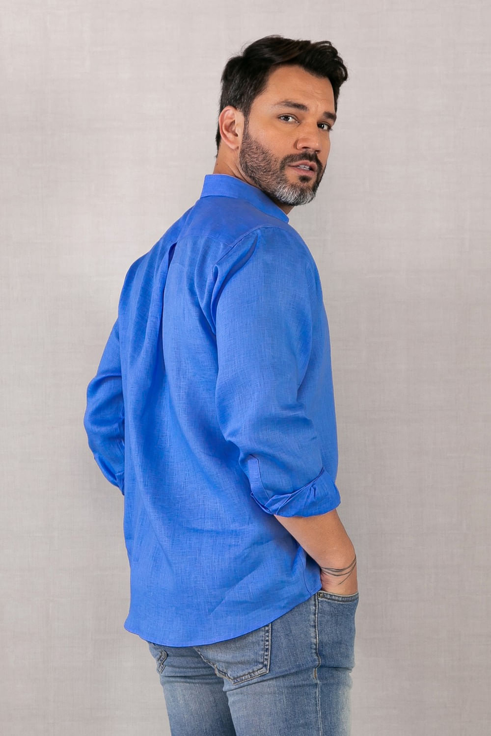 Camisa em Puro Linho ML Azul