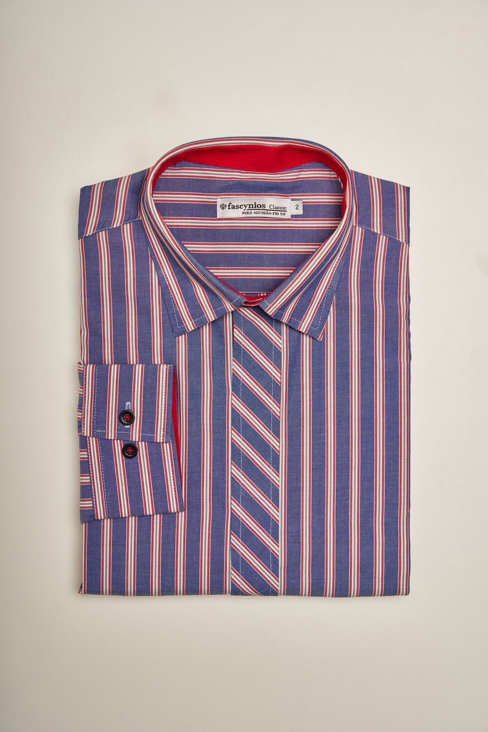Camisa Slim Listrada Algodão ML Vermelho