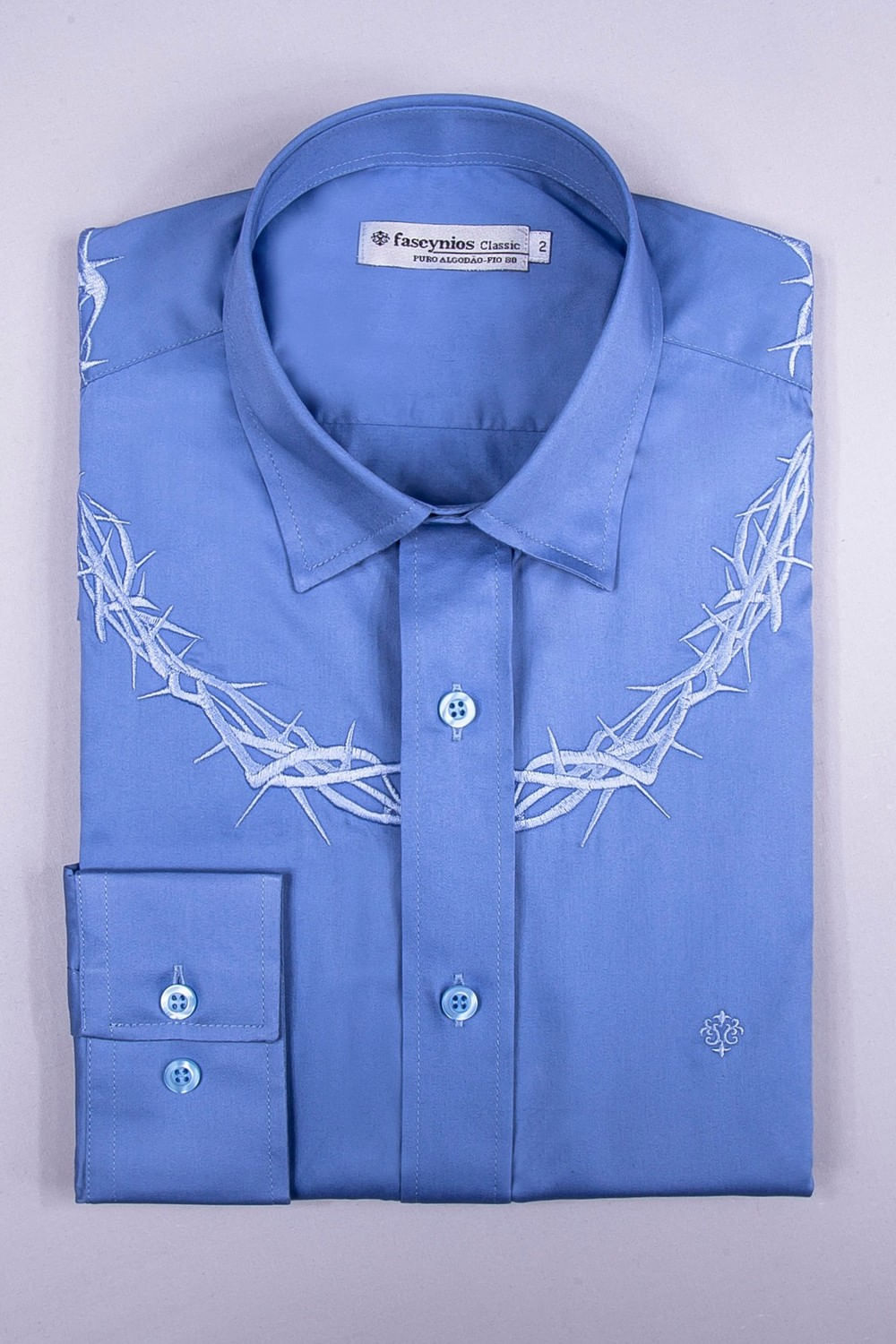 Camisa Bordada Algodão Fio 80 ML Azul