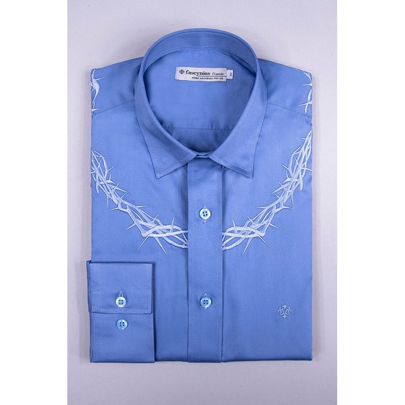 Camisa Bordada Algodão Fio 80 ML Azul