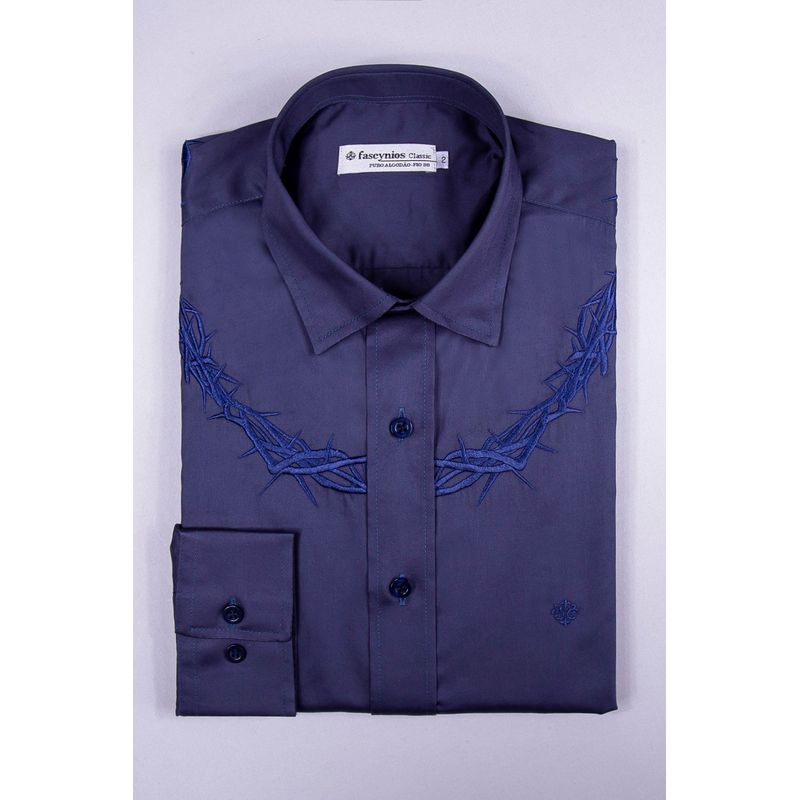 Camisa Bordada Algodão Fio 80 ML Azul Escuro