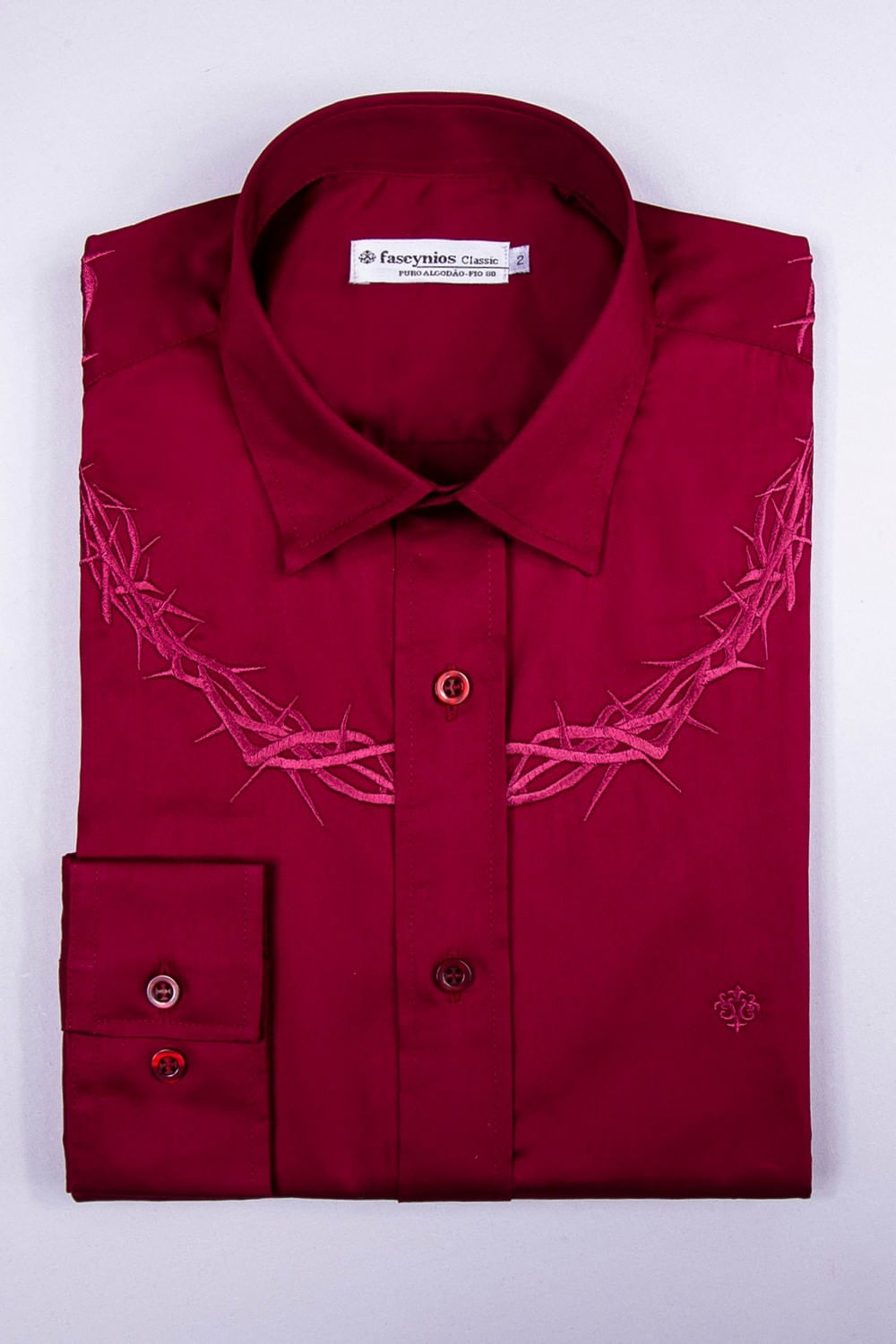 Camisa Slim Bordada Algodão Fio 80 ML Bordo