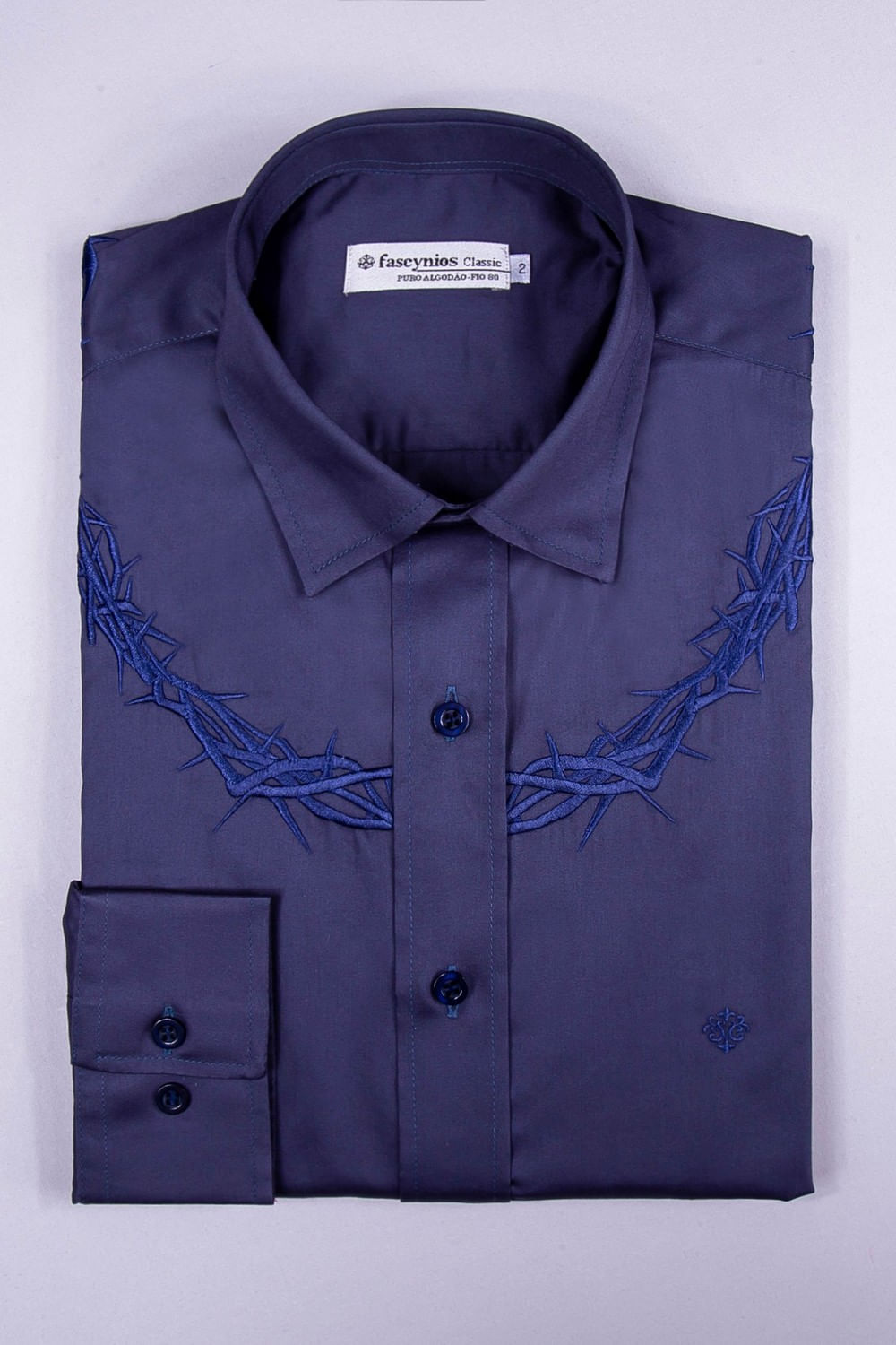 Camisa Slim Bordada Algodão Fio 80 ML Azul Escuro