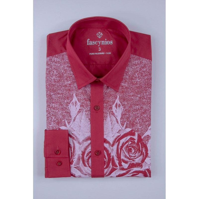 Camisa Slim Estampa Localizada Algodão ML Bordo