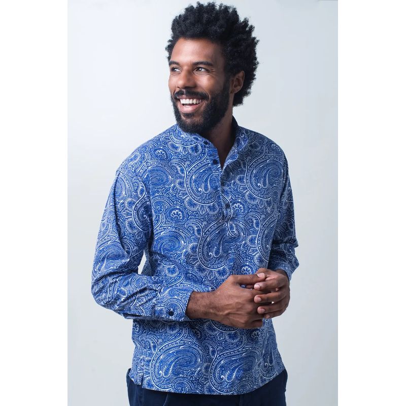 Camisa Bata Estampada Algodão ML Azul Escuro