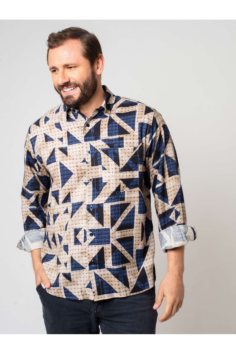 Camisa Estampada Linho c/ Modal ML Azul