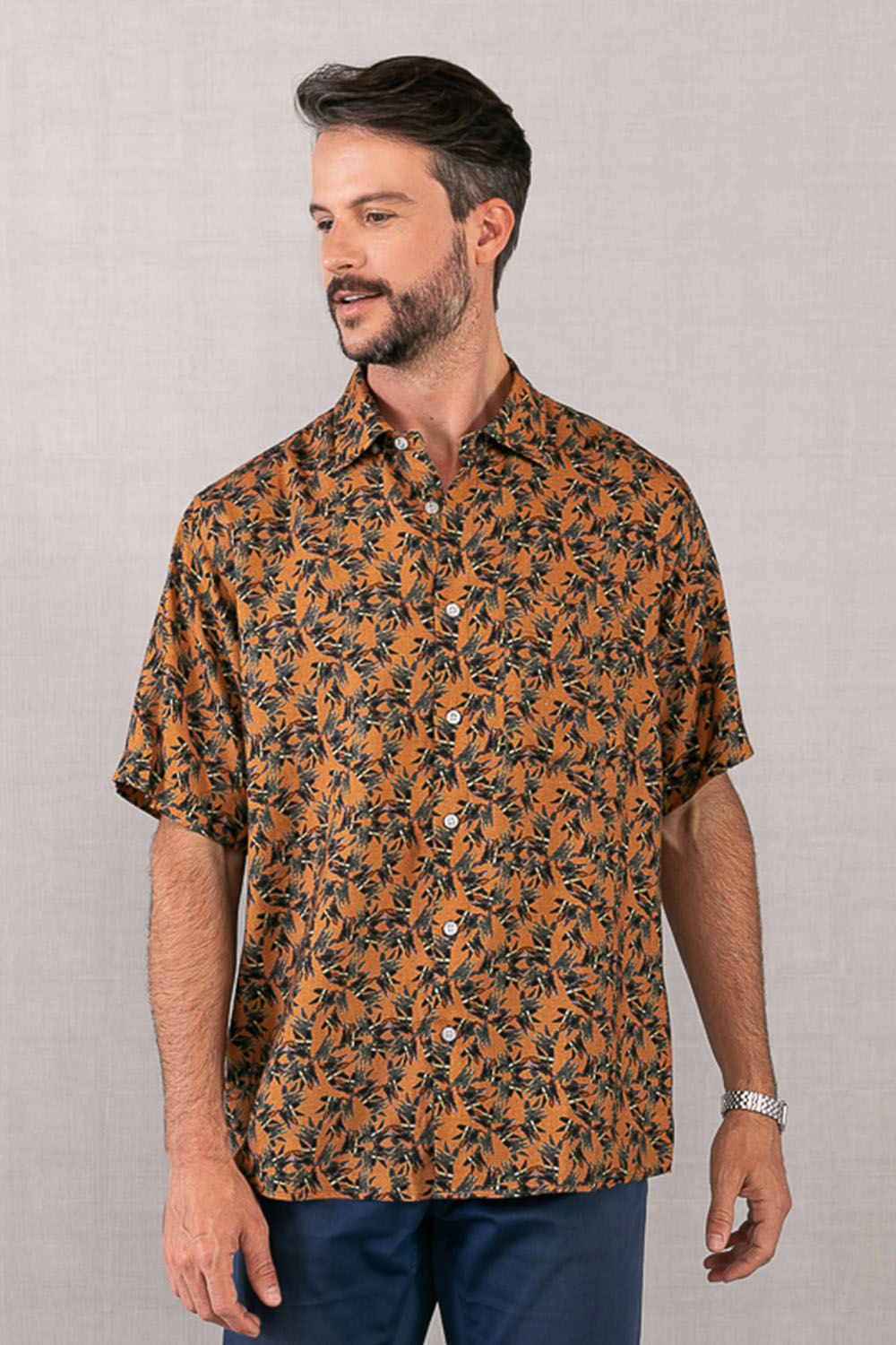 Camisa Estampada Linho c/ Modal MC Marrom