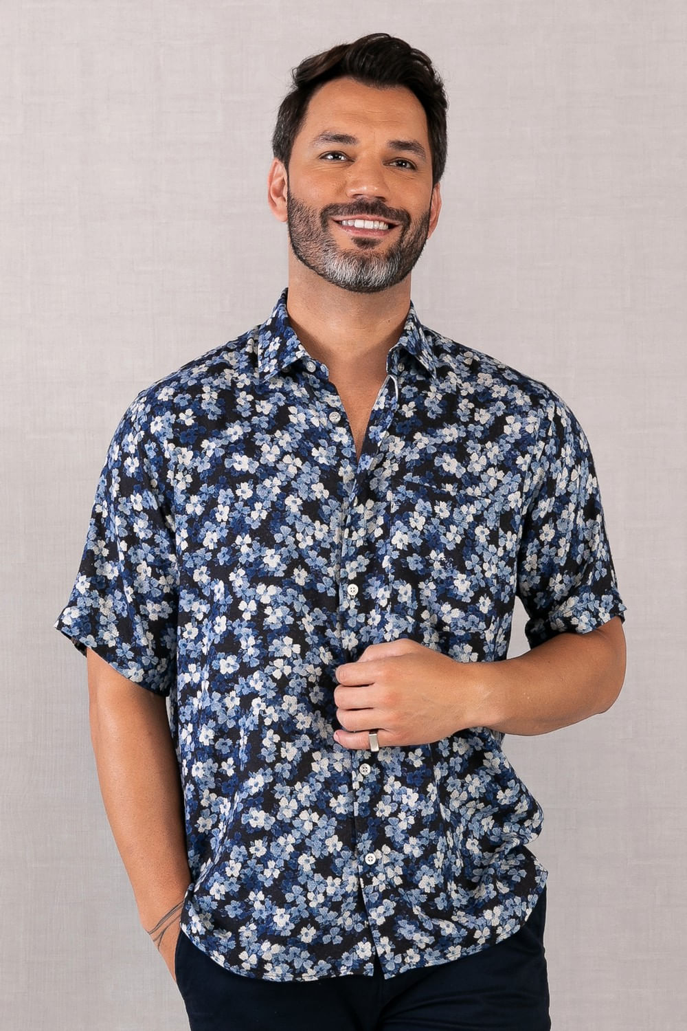 Camisa Estampada Linho c/ Modal MC Azul