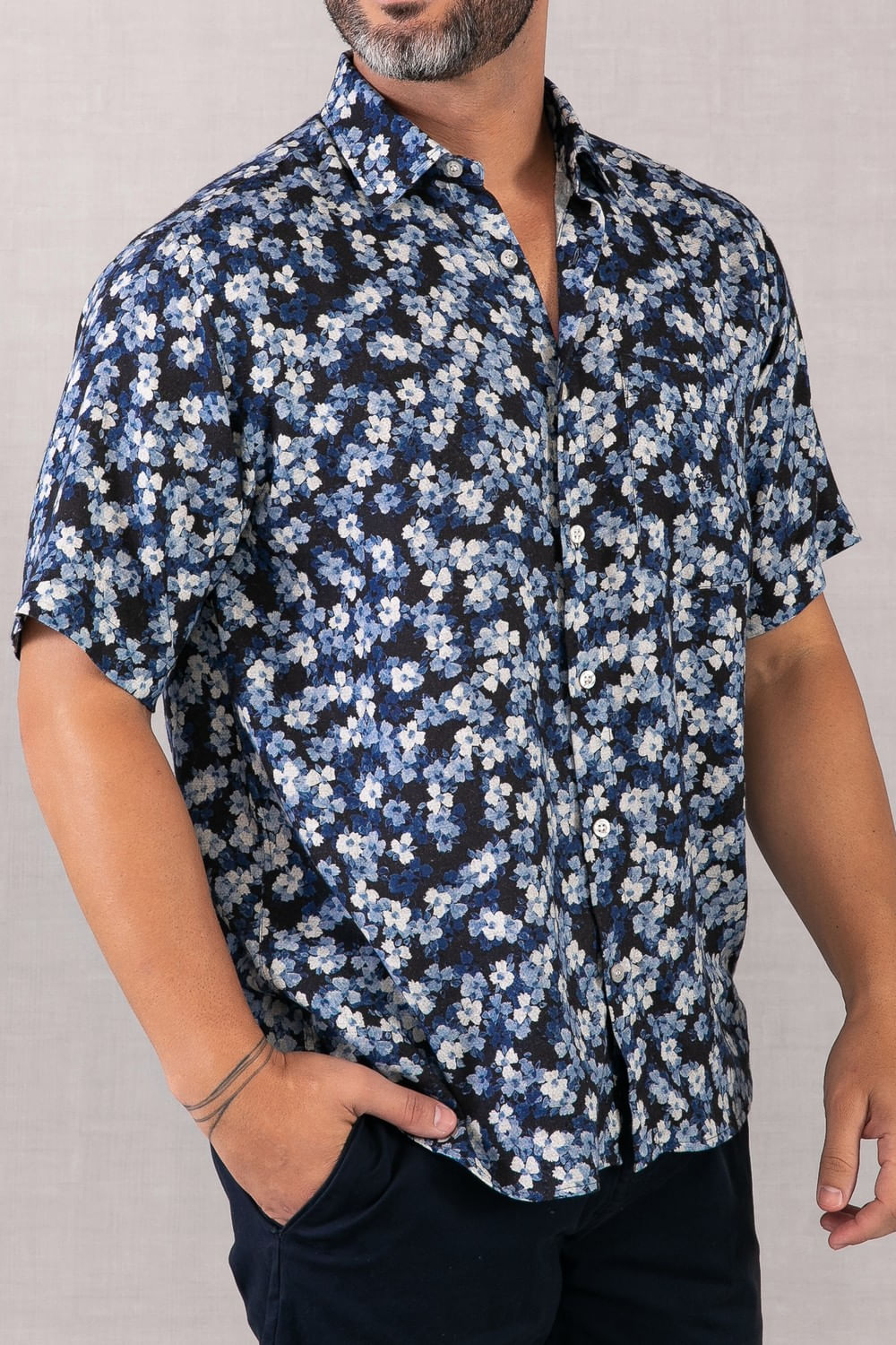 Camisa Estampada Linho c/ Modal MC Azul