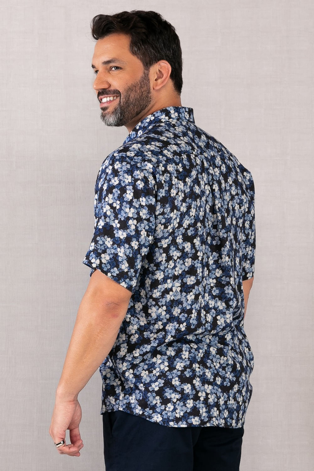 Camisa Estampada Linho c/ Modal MC Azul