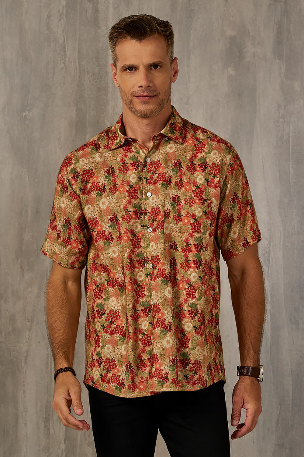 Camisa Estampada Linho c/ Modal MC Vermelho