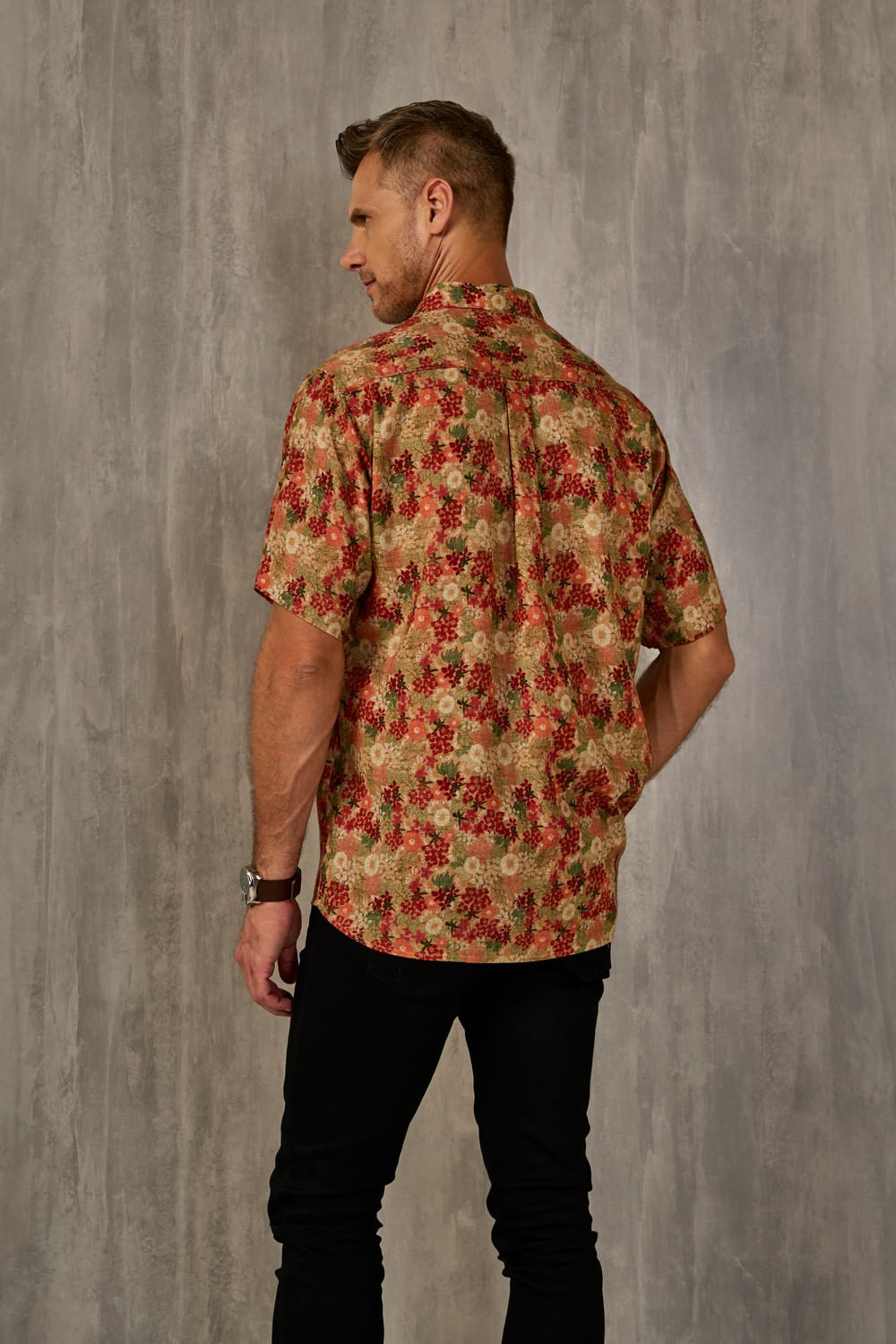 Camisa Estampada Linho c/ Modal MC Vermelho
