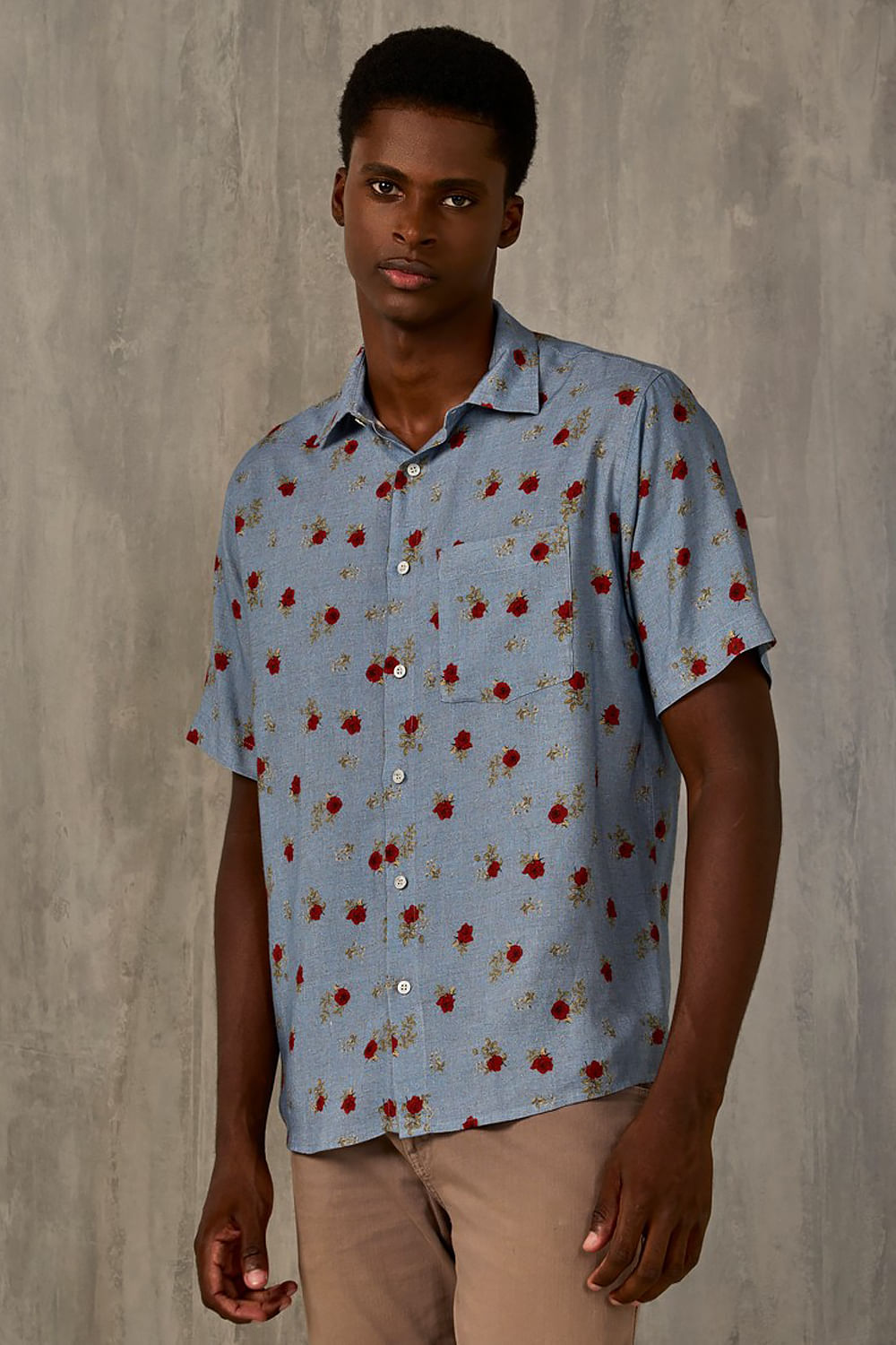 Camisa Estampada Linho c/ Modal MC Azul Escuro