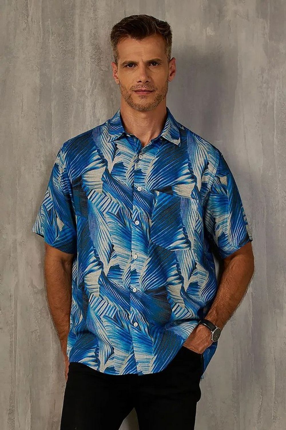 Camisa Estampada Linho c/ Modal MC Azul Escuro