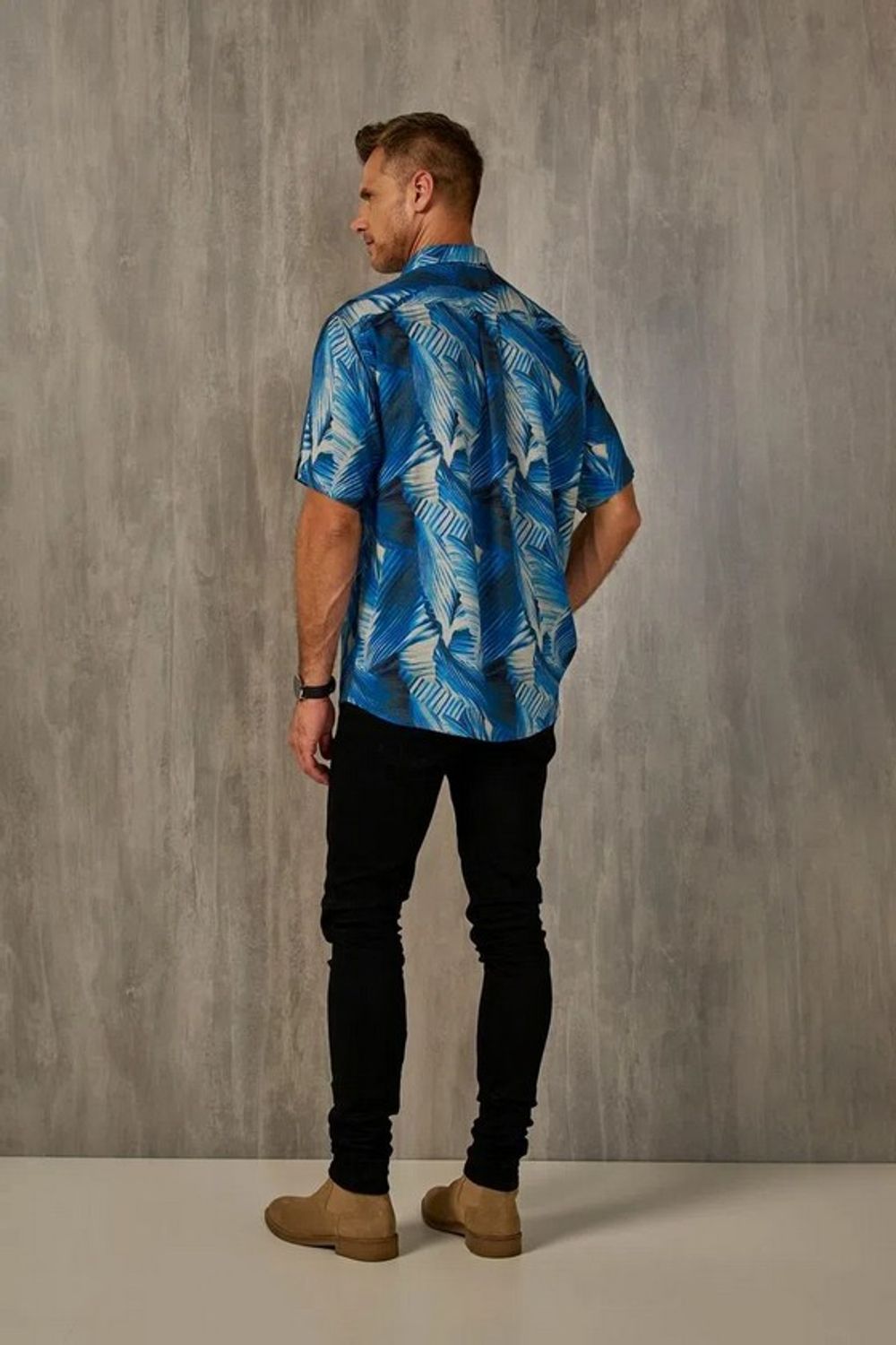 Camisa Estampada Linho c/ Modal MC Azul Escuro