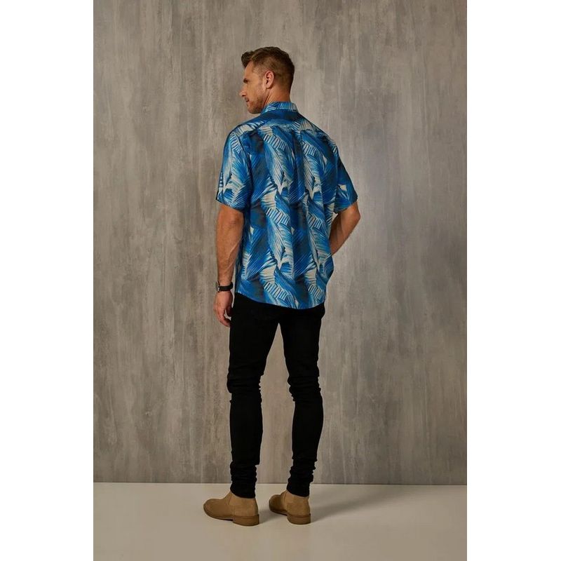 Camisa Estampada Linho c/ Modal MC Azul Escuro