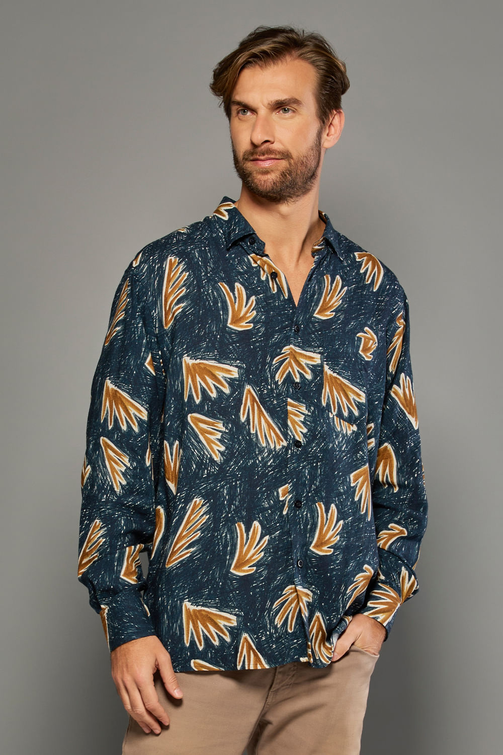 Camisa Estampada Linho C/ Modal ML Azul