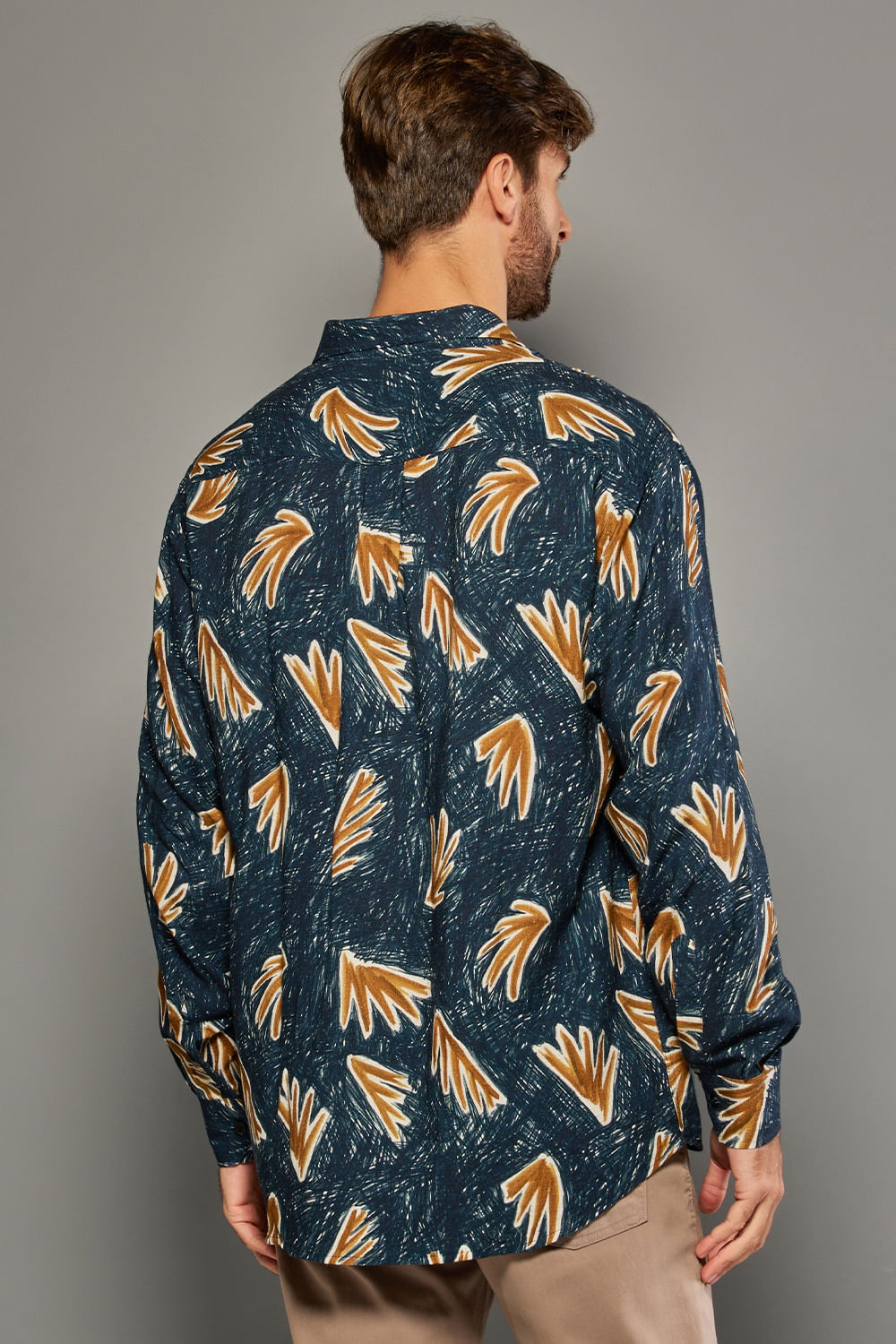 Camisa Estampada Linho C/ Modal ML Azul