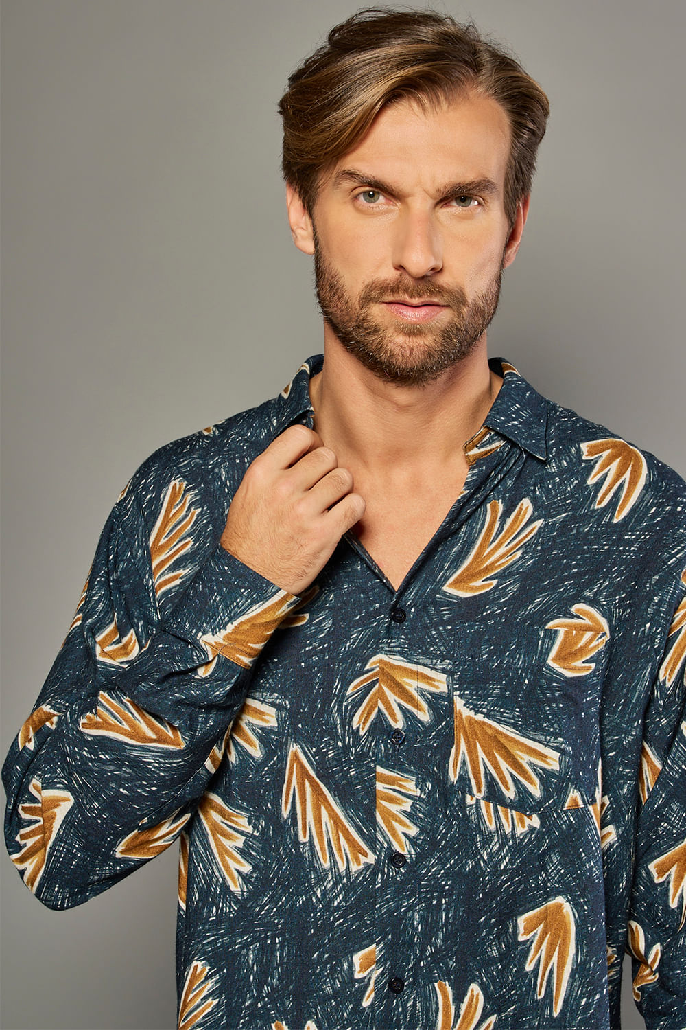 Camisa Estampada Linho C/ Modal ML Azul