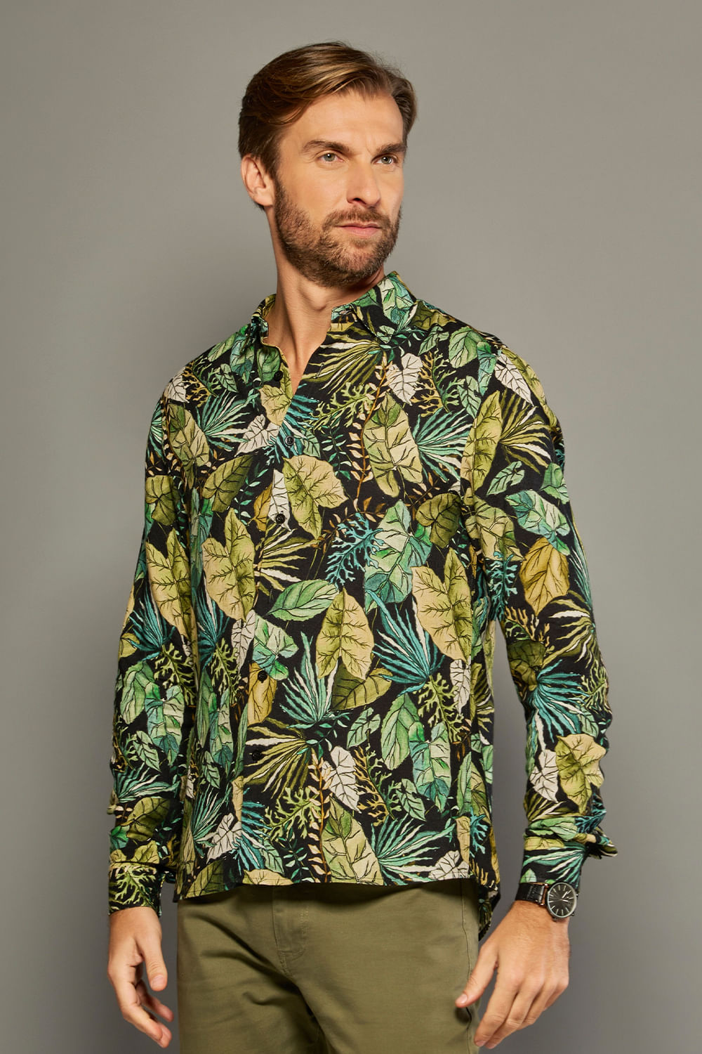 Camisa Estampada Linho C/ Modal ML Verde