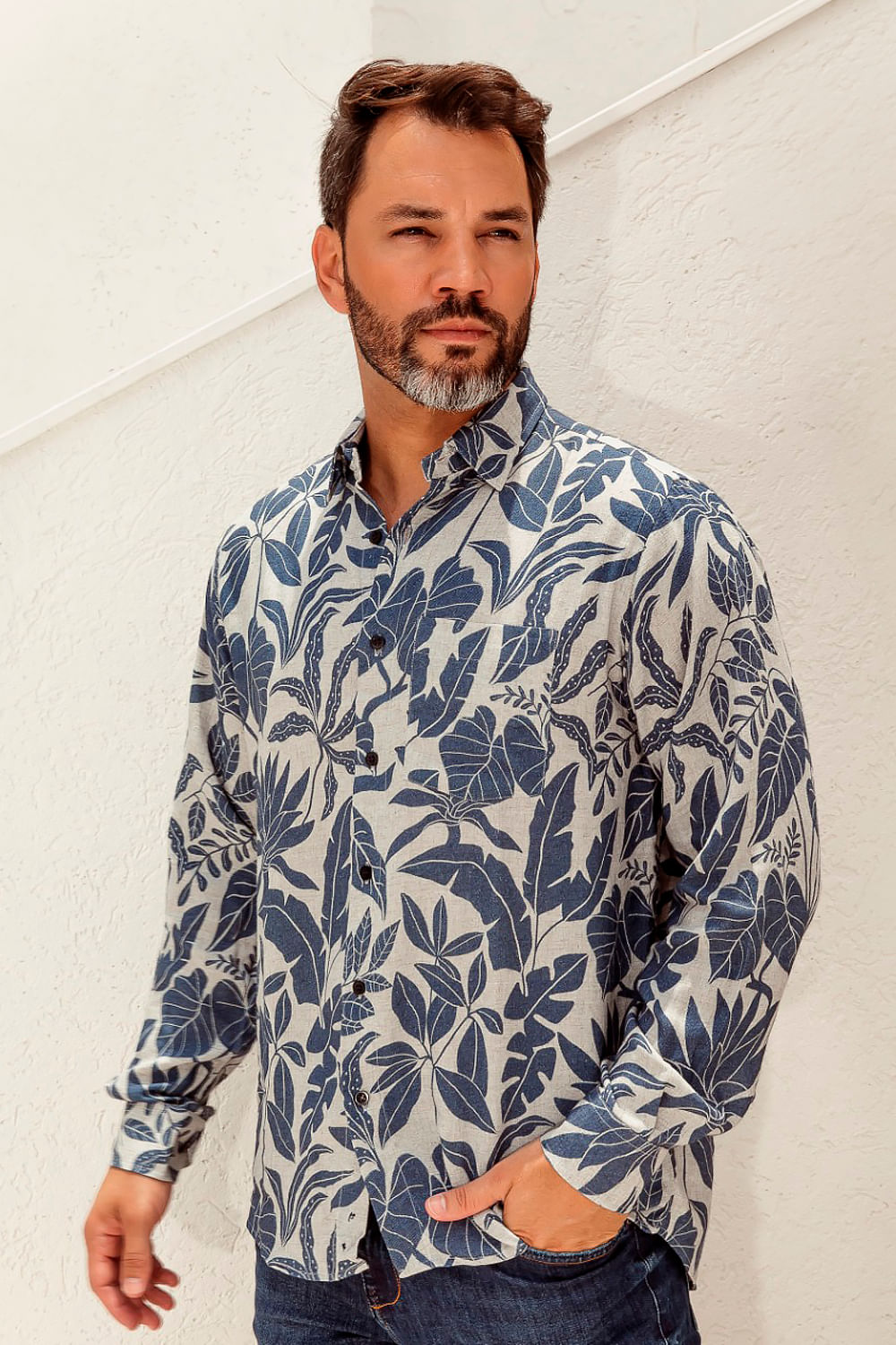 Camisa Estampada Linho C/ Modal ML Azul Escuro