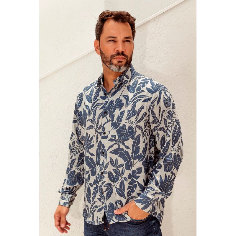 Camisa Estampada Linho C/ Modal ML Azul Escuro