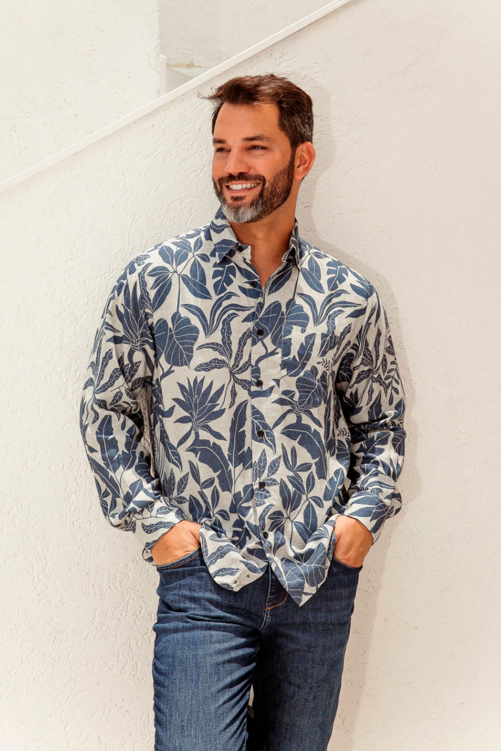 Camisa Estampada Linho C/ Modal ML Azul Escuro