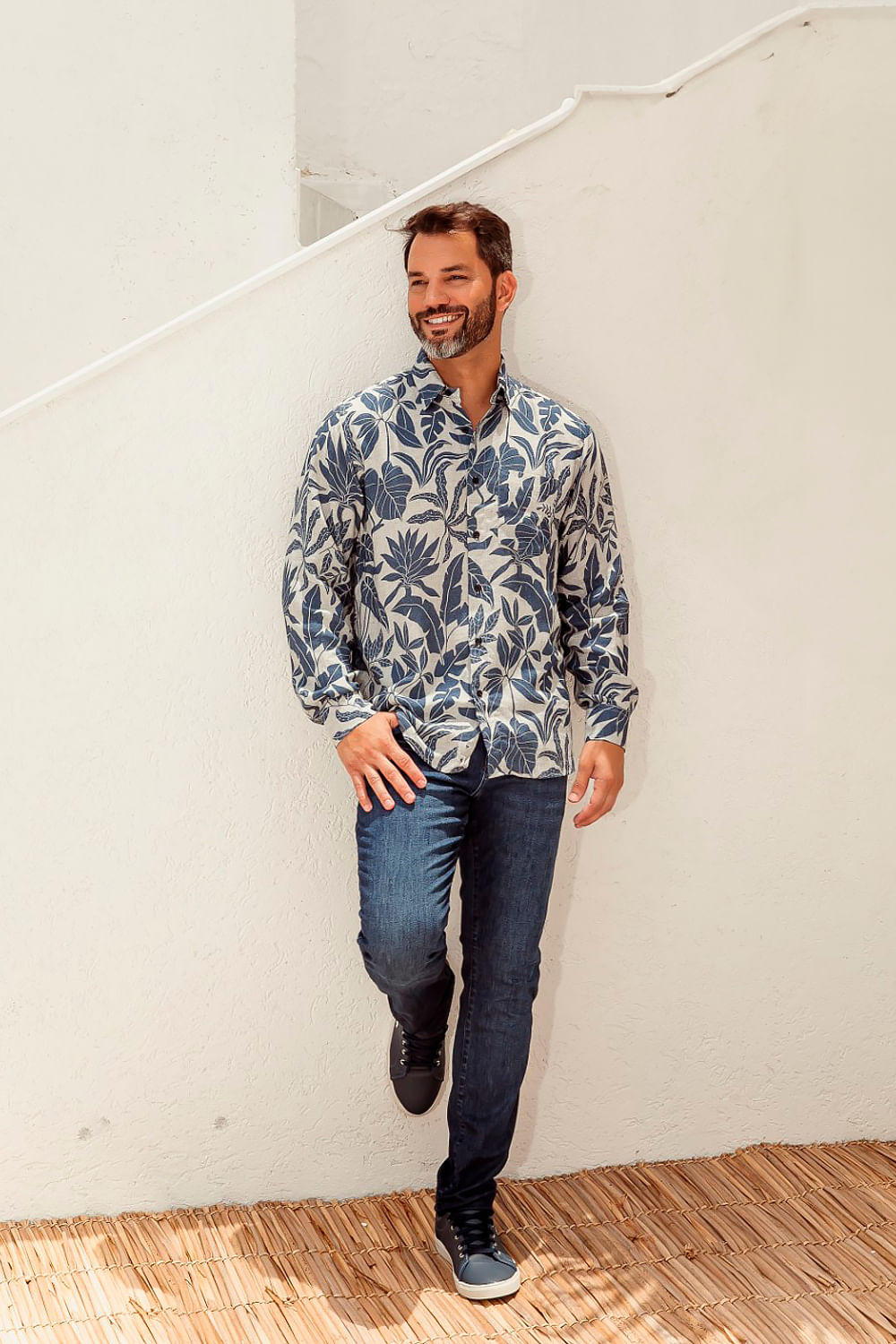 Camisa Estampada Linho C/ Modal ML Azul Escuro