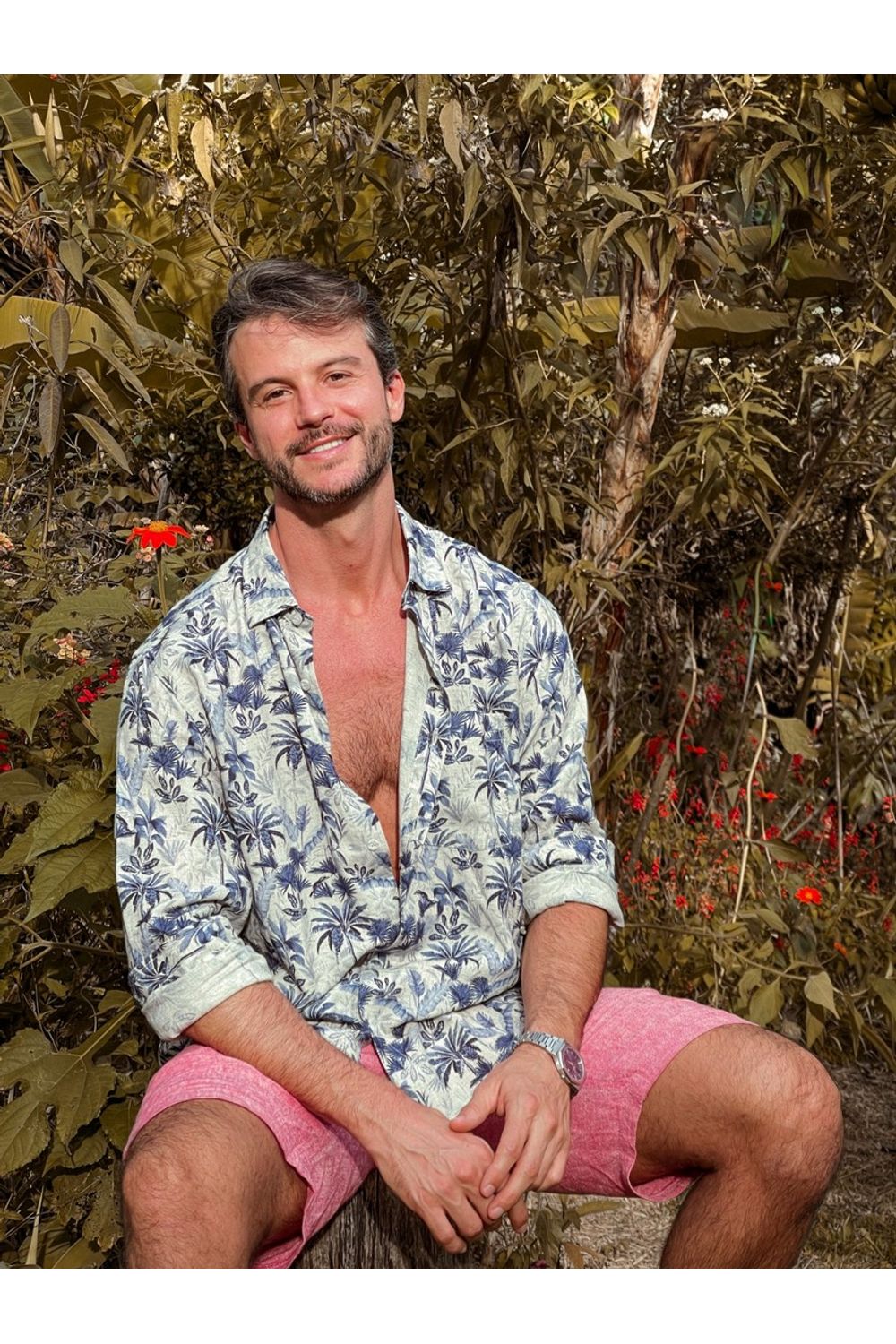 Camisa Estampada Linho C/ Modal ML Azul Escuro